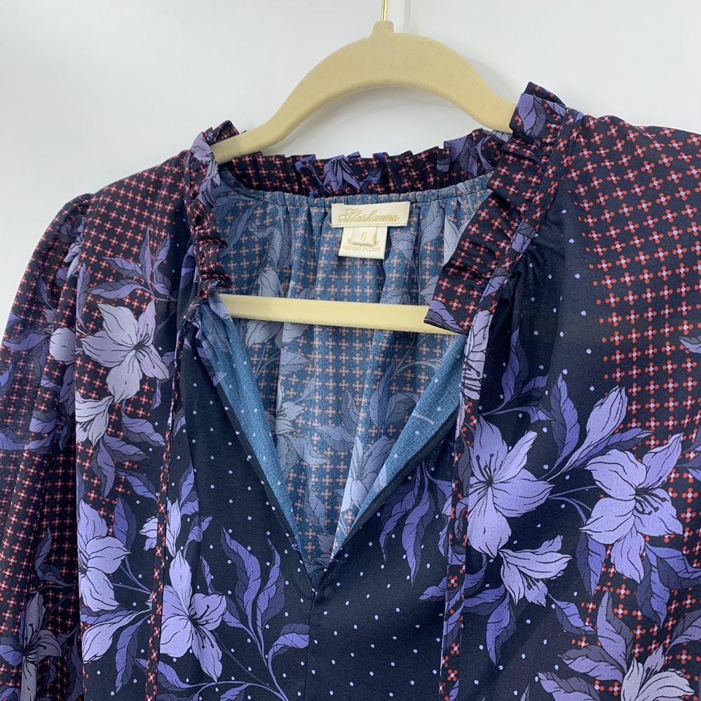Shoshanna Mixed Floral Print Chiffon Ruffle Tie Neck 3/4 Sleeve Blouse S… - Picture 6 of 13